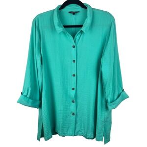 John Mark Tunic Top Large Green Button Back Wire Collar 3/4 Sleeve Art to Wear